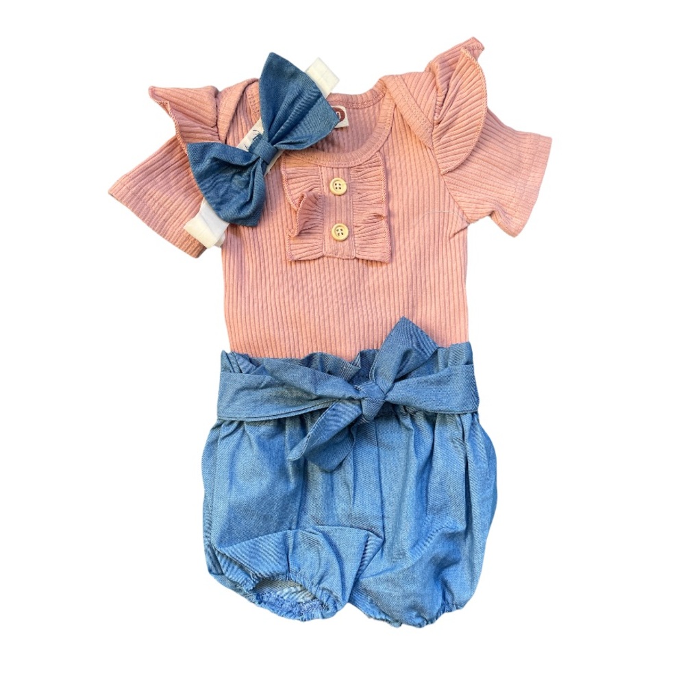 Pale pink ruffle onesie & blue Jean bottoms with bow